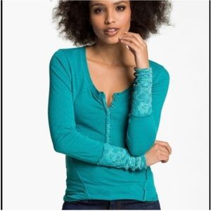 Free People teal lace cuff button Henley top Sz M